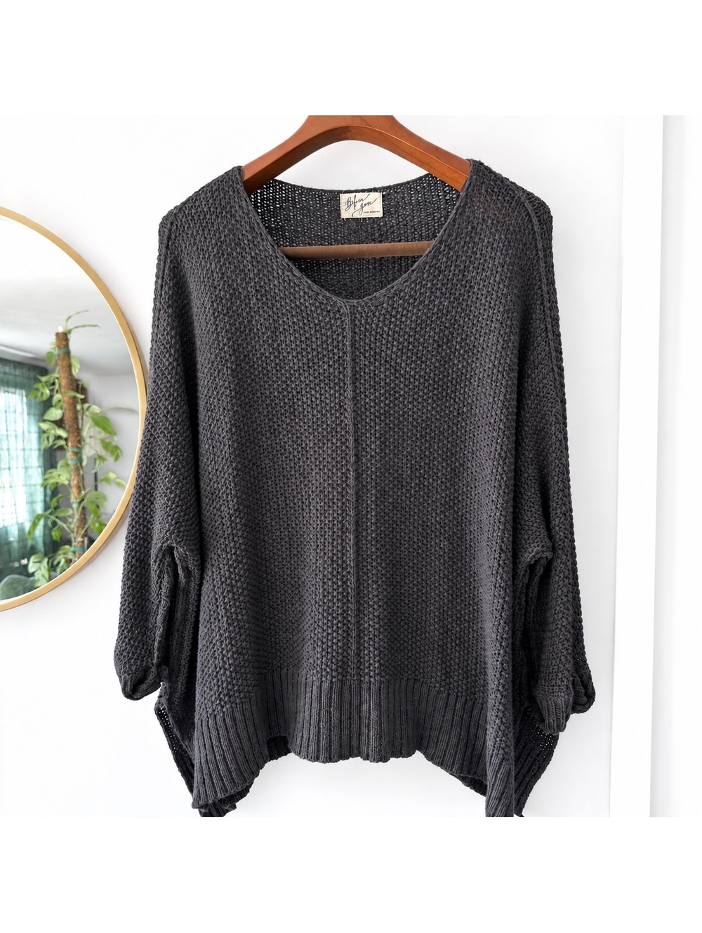 Before You Charcoal Gray Knit Oversized Sweater with V-Neck